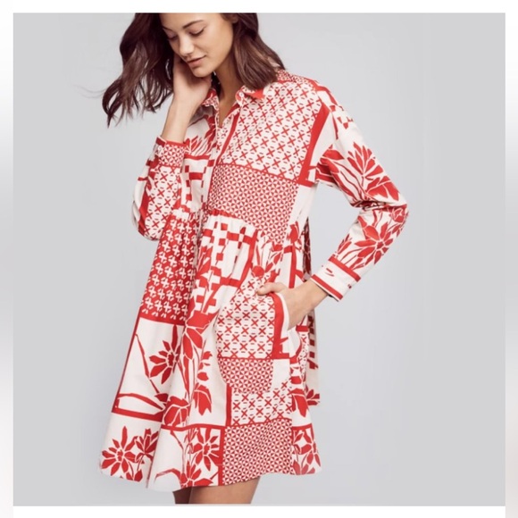 Anthropologie Dresses & Skirts - Maeve Printmaker Poplin Red Swing Dress Button Front & Tie back Dress Small NWOT